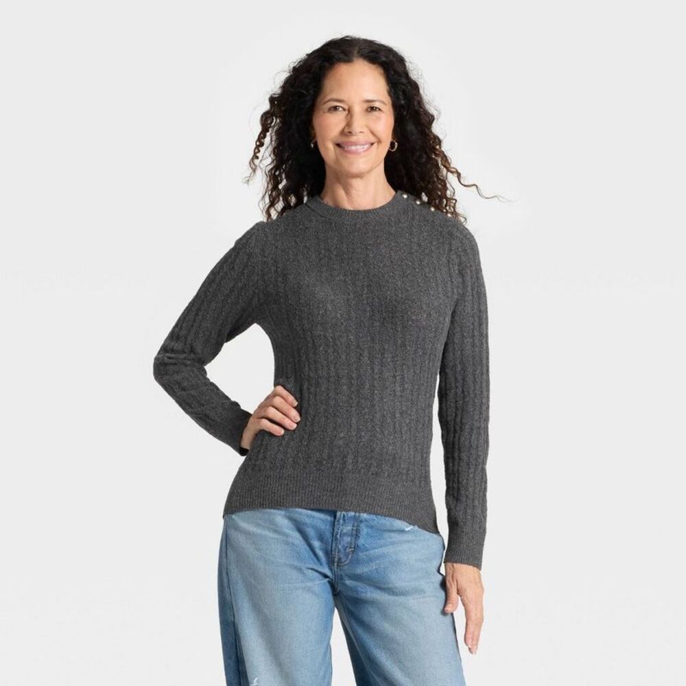 Women's Lace Stitch Crewneck Pullover Sweater - Universal Thread Gray S